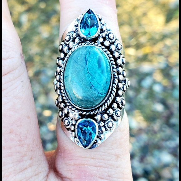 New Chrysocolla and Blue Topaz 925 Silver Statement Ring. - Picture 4 of 16